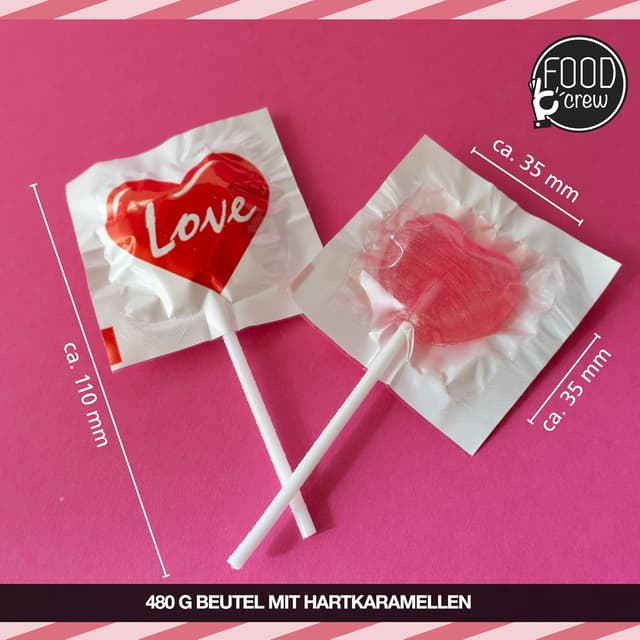 Detalle de FOOD crew 40 Herzlollies – große Herz-Piruletas am Stück, einzeln verpackt für Candy Bar & Events