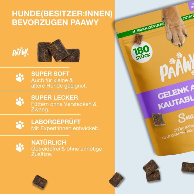 Detalle 2 de Paawy Gelenktabletten für Hunde (180 Stück) mit Grünlippmuschel, MSM, Glucosamin & Chondroitin