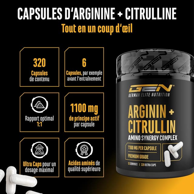 Detalle 2 de GEN German Elite Nutrition L-Arginine + L-Citrulline 320 gélules (1100 mg) en ratio 1:1