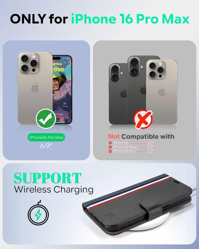Detalle 2 de OCASE iPhone 16 Pro Max Hülle mit Kartenfach, Standfunktion und RFID-Schutz (PU-Leder, Klapphülle) – Graphit