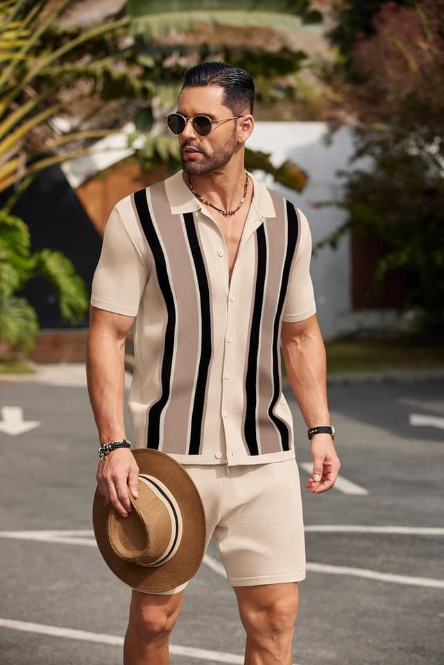 Detalle de COOFANDY Men’s Vintage 2-Piece Knit Polo & Beach Shorts Set (Short Sleeve Button-Down)