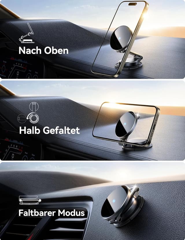 Detalle de JOYROOM MagSafe Autohalterung mit Ladefunktion (Vollmetall & faltbar) bis 15W – magnetische Wireless Charger fürs Armaturenbrett