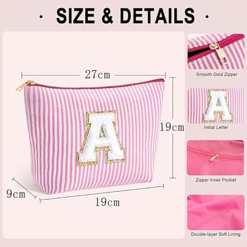 Detalle de SEFORICO Personalized Make Up Bag with Glitter Letters – Large Capacity A-Z Cosmetic & Toiletry Pouch