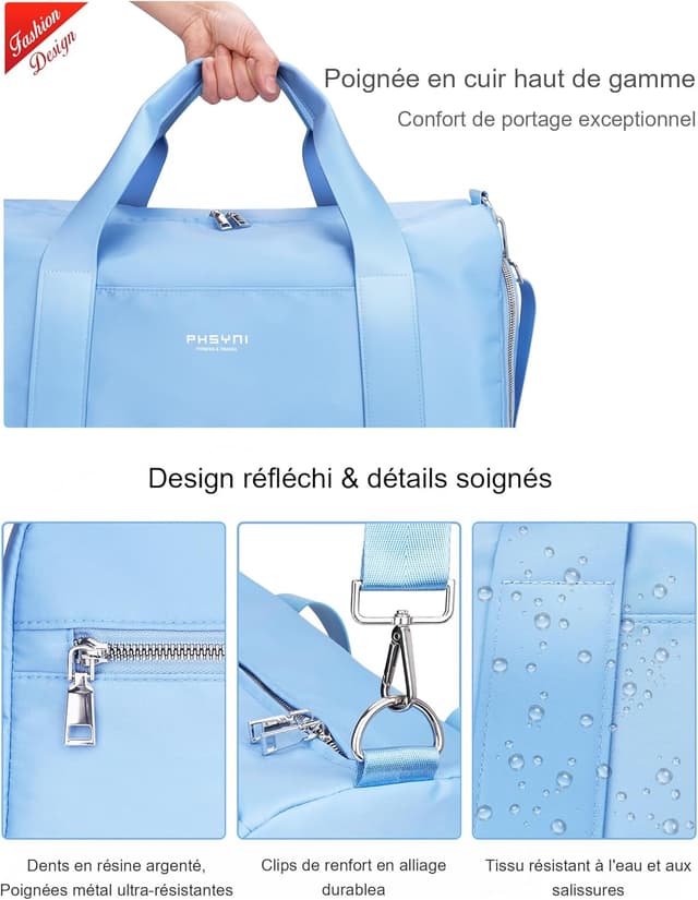 Detalle de PHSYNI Sac de sport femme 19 pouces : sac de voyage 25 L avec compartiment à chaussures et poche imperméable