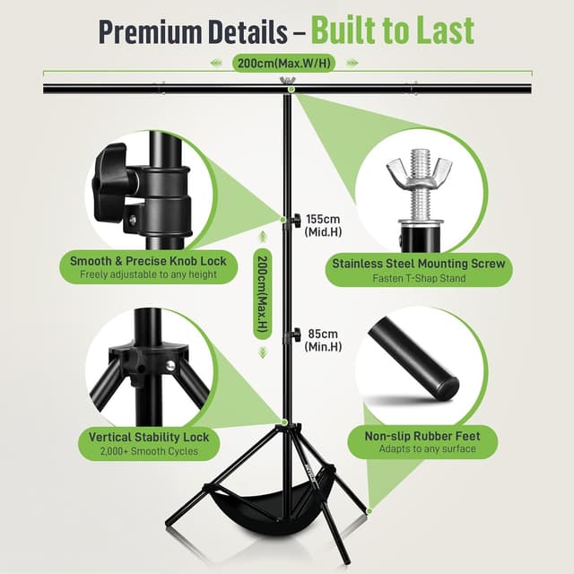 Detalle 2 de Heysliy Green Screen 2x3M Background with T Backdrop Stand (6.5x9.5ft)