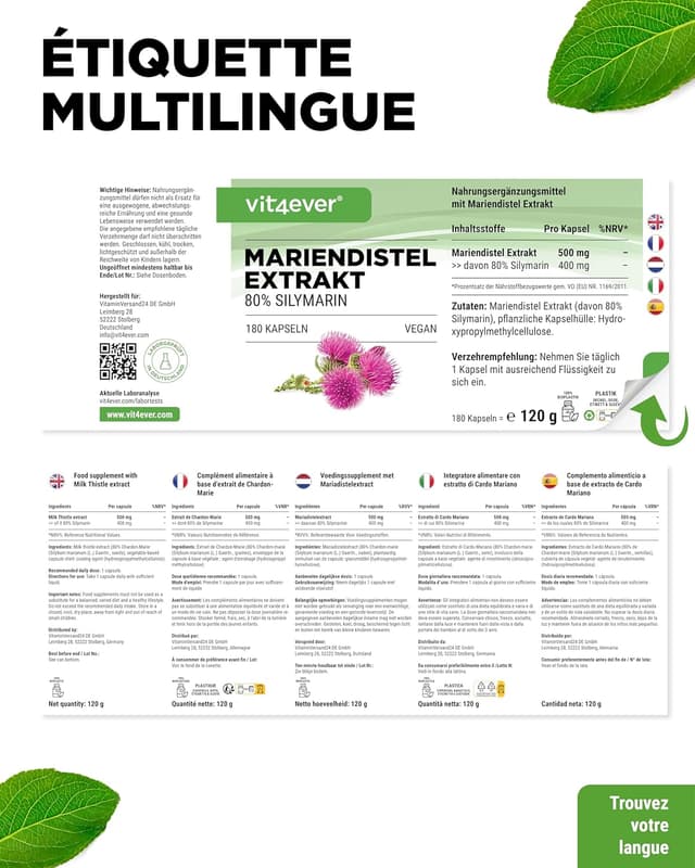 Detalle de vit4ever Extrait de Chardon-Marie – 180 gélules véganes (500 mg) avec 80% de silymarine