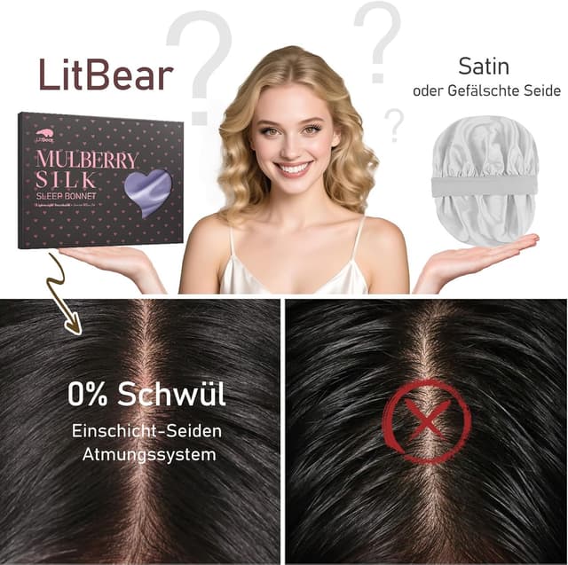 Detalle 2 de LitBear 22 Momme Seidenhaube zum Schlafen (Schlafmütze) aus 100% Maulbeerseide, mit verstellbarem elastischem Band