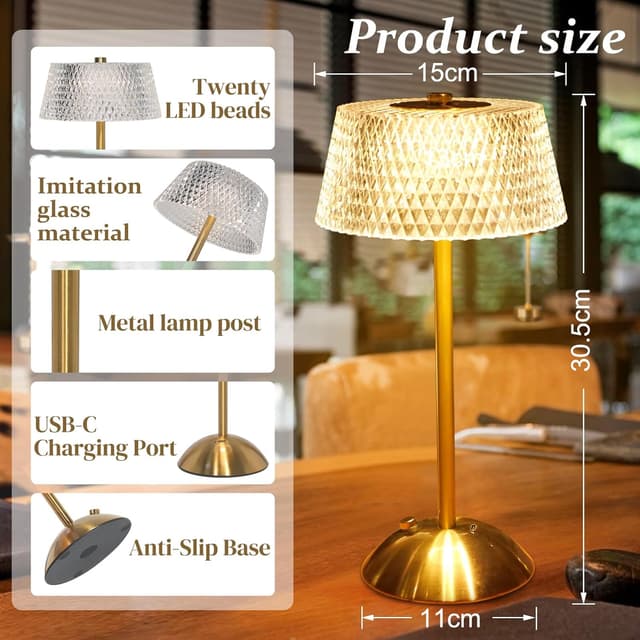 Detalle 2 de Starhot rechargeable cordless touch table lamp with USB-C charging and 3 dimmable modes