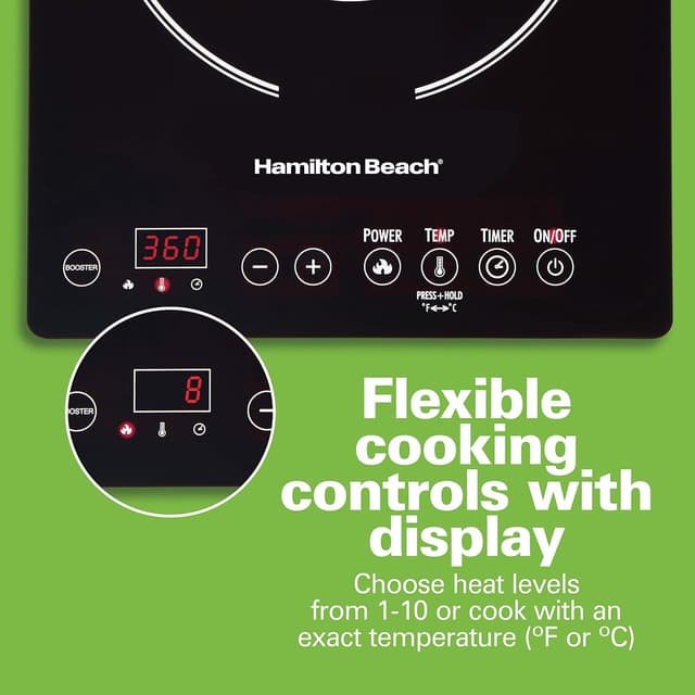 Detalle de Hamilton Beach 34104 Portable Single Induction Cooktop (1800W) with Fast Heating Mode, 10 Settings up to 450F