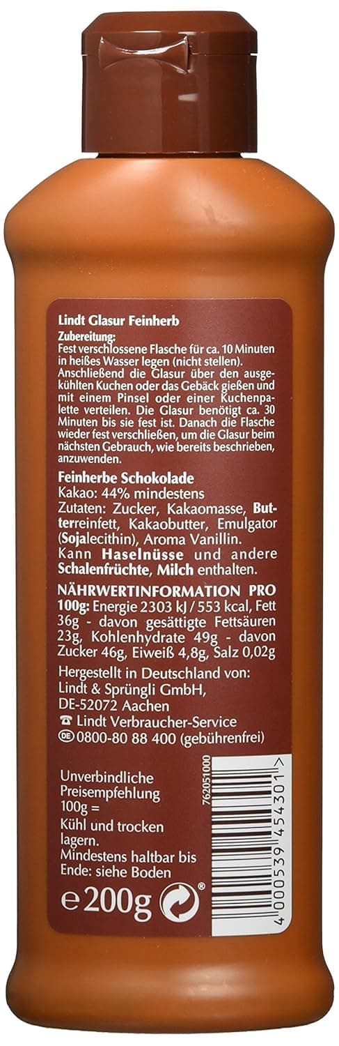 Detalle 2 de Lindt GLASUR Feinherb – Schokoladen-Glasur für Kuchen, Torten & Gebäck (10 x 200 g)