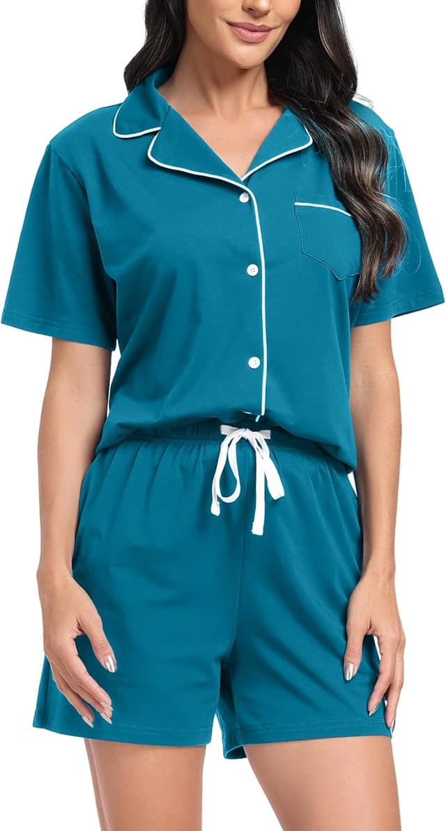 Detalle de Ensemble pyjama femme en coton Lovasy : short + haut col V à manches courtes