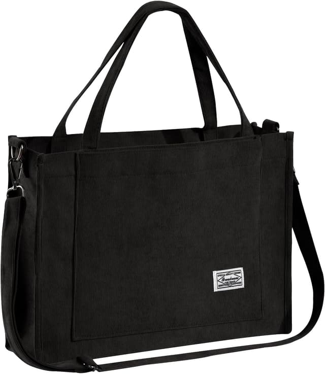 Detalle de Tibroni Sac à main femme en velours côtelé noir : cabas rétro, bandoulière réglable