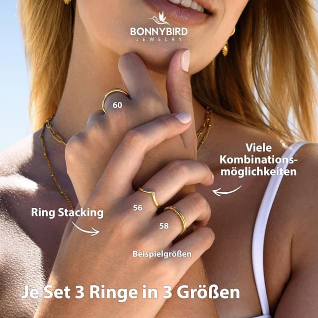 Detalle de BONNYBIRD Wasserfeste Edelstahl-Ringe Set für Damen (3er-Set) in Silber, Gold & Roségold – kein Anlaufen