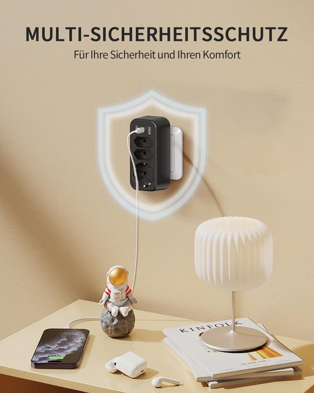 Detalle de 6-in-1 Mehrfachstecker mit PD 20W USB‑C – STGAROT Steckdosenadapter für 3 Euro- & Schuko-Anschlüsse