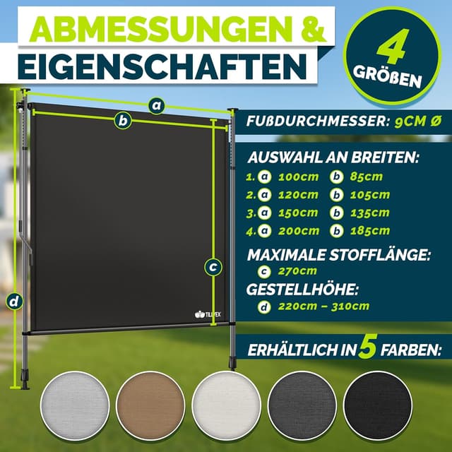 Thumbnail 6 de tillvex® Klemmmarkise Senkrechtmarkise mit Handkurbel – Sichtschutz & Wetterfestes Balkonrollo ohne Bohren (Schwarz, 120x310 cm)