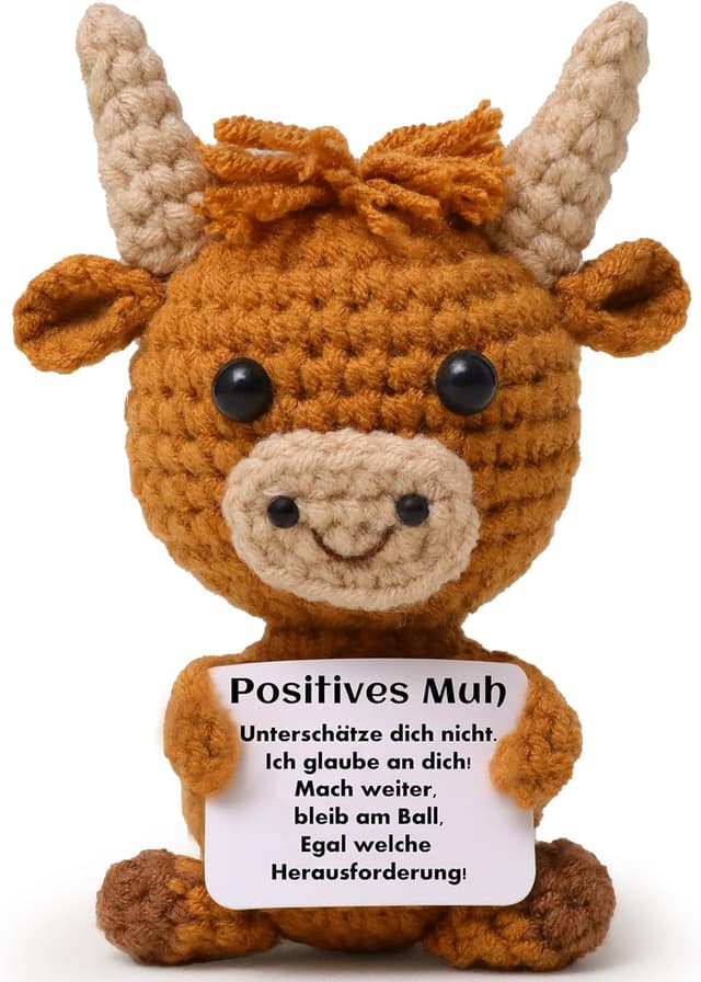 Detalle de Gehäkelte Highland Cow Kuh Mini-Strickpuppe mit positiver Energie Karte – Mini-Kuscheltier für Stressabbau