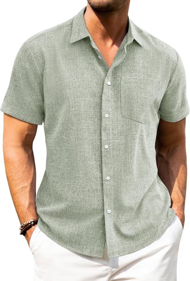 Detalle de J.VER Men’s Linen Shirt Short Sleeve – Regular Fit Button-Down for Summer Beachwear