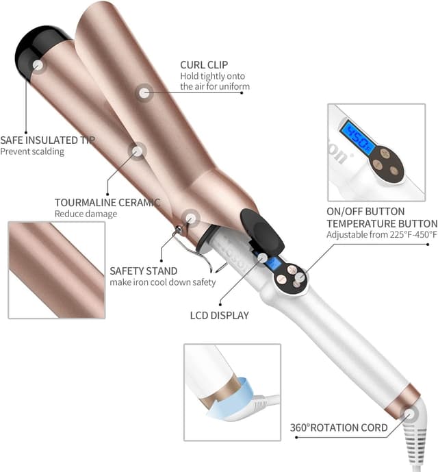 Detalle 2 de Hoson 50mm Curling Tongs (Large Barrel) for Long Hair – Ceramic Tourmaline Coating, Dual Voltage & LCD Display
