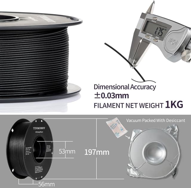 Detalle de TINMORRY glasfaserverstärktes PETG Filament 1,75 mm (PETG-GF), frostschwarz, 1-kg-Spule