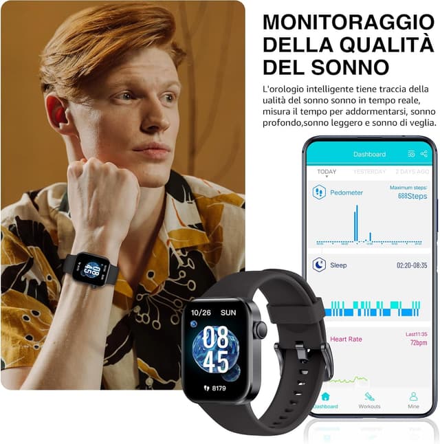 Detalle de Smartwatch Uomo Donna con schermo 1,85”, chiamate Bluetooth e IP68 (P2) — 140 modalità sportive, contapassi e SpO2