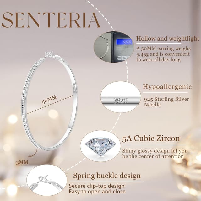 Detalle 2 de SENTERIA Creolen aus Sterling Silber 925 mit 3 mm Breite und kubischem Zirkonia (30/40/50/60/70 mm)