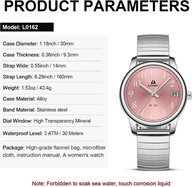 Thumbnail 6 de LN LENQIN orologio da donna analogico al quarzo in acciaio con cinturino espandibile (impermeabile 3 ATM)