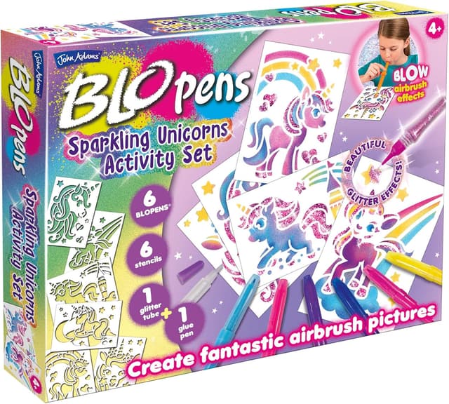 Detalle de John Adams BLOPENS® Sparkling Unicorn Activity Set (Blow & Draw, 6 BLOPENs + stencils)