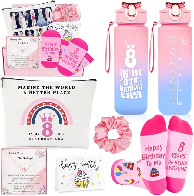 Detalle de Awfrky 8 Year Old Girl Birthday Gift Set (7 pieces) with 25oz tumbler, pearl necklace, and more