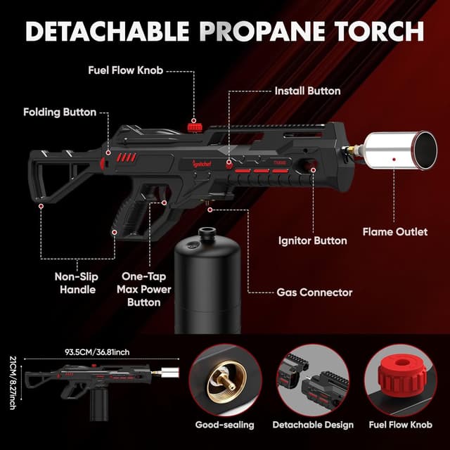 Detalle de IgnitChef Propane Torch Gun with One-Touch Max Fire — kitchen blow torch for searing, grilling, and starter jobs