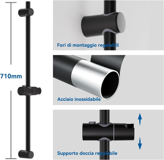 Detalle 2 de AuraLum Asta doccia 70 cm con saliscendi in acciaio inox e supporto per soffione regolabile, nero