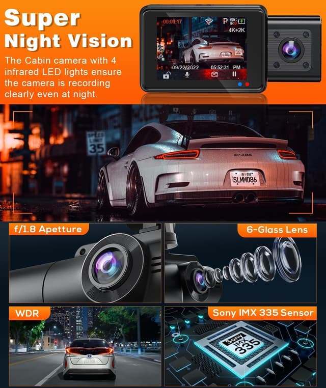 Detalle 2 de Moplasz 4K Dash Cam Front and Rear (Dual 4K+2K) with Wi‑Fi App, Night Vision and 32GB SD Card