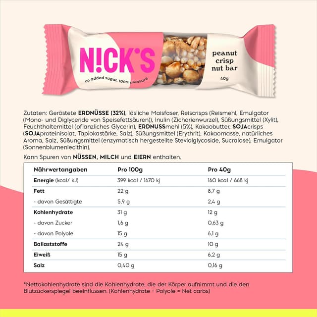 Thumbnail 1 de NICKS Nut Bar Peanut Crisp 160 kcal