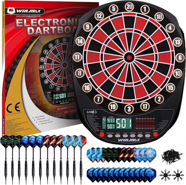 Detalle de WIN.MAX Elektronische Dartscheibe Profi Set mit 34 Games, 354 Varianten – für 1 bis 8 Spieler, 3 Sprachen