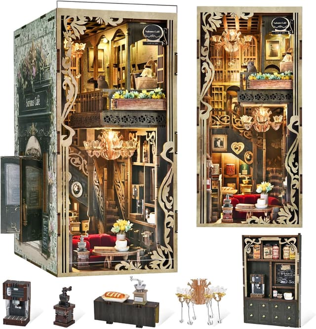 Detalle de MiniCity DIY 3D Wooden Puzzle Book Nook Bookshelf Insert with LED Light (Saisons Café)