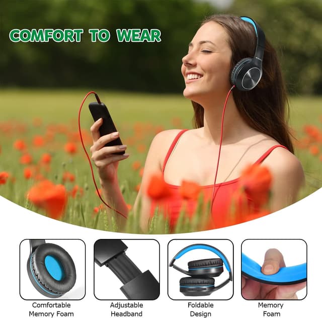 Detalle de Rydohi Bluetooth Over-Ear Headphones (68H playtime, Bluetooth 5.3, mic) – black/blue