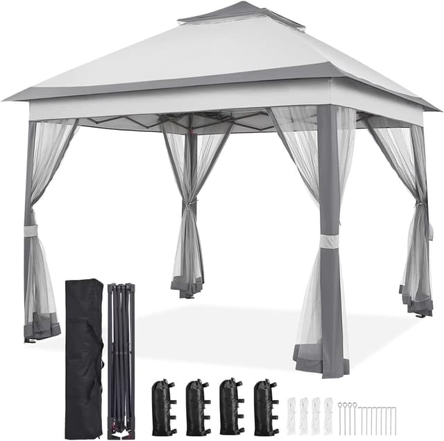Detalle de Yaheetech Gazebo da giardino in ferro 300x300 cm pieghevole con pareti in rete e doppio tetto, grigio