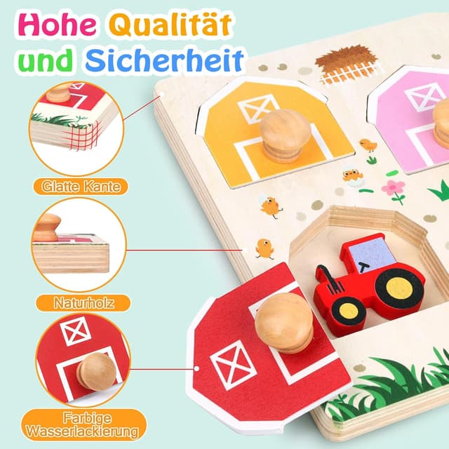 Detalle 2 de Nabance Holzpuzzle ab 1 Jahr „Bauernhof Tiere & Fahrzeuge“ mit 6 Steckentüren (Montessori Lernspiel)