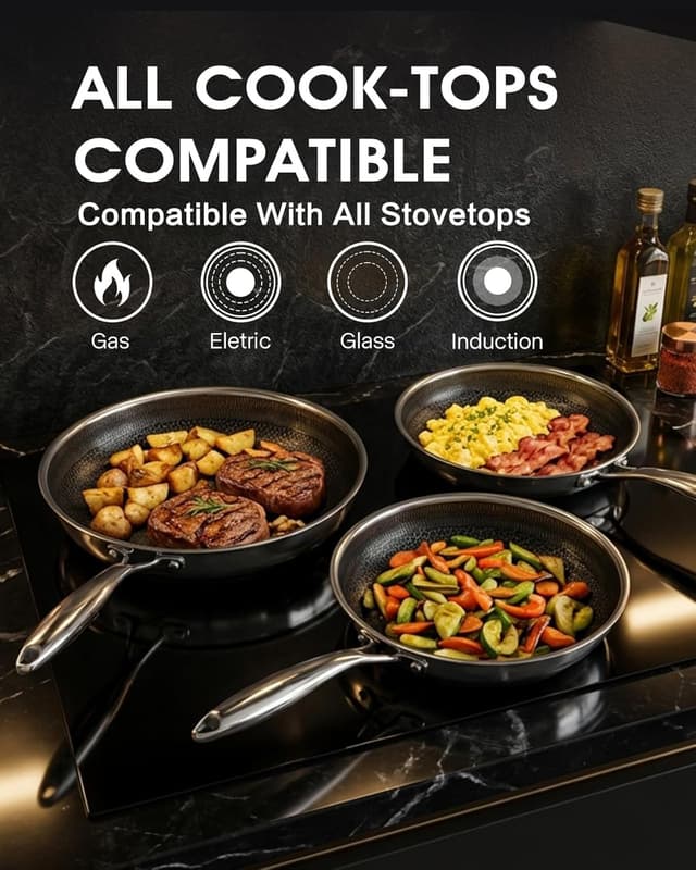 Detalle de Non Stick Frying Pans Set (8, 10, and 12 Inch) 6-Piece with Tempered Glass Lids, Stay-Cooling Handles