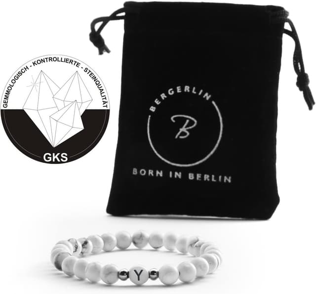 Detalle de BERGERLIN Buchstaben-Armband in Weiß mit Naturstein-Perlen (Partnerarmband) inkl. Echtheitszertifikat