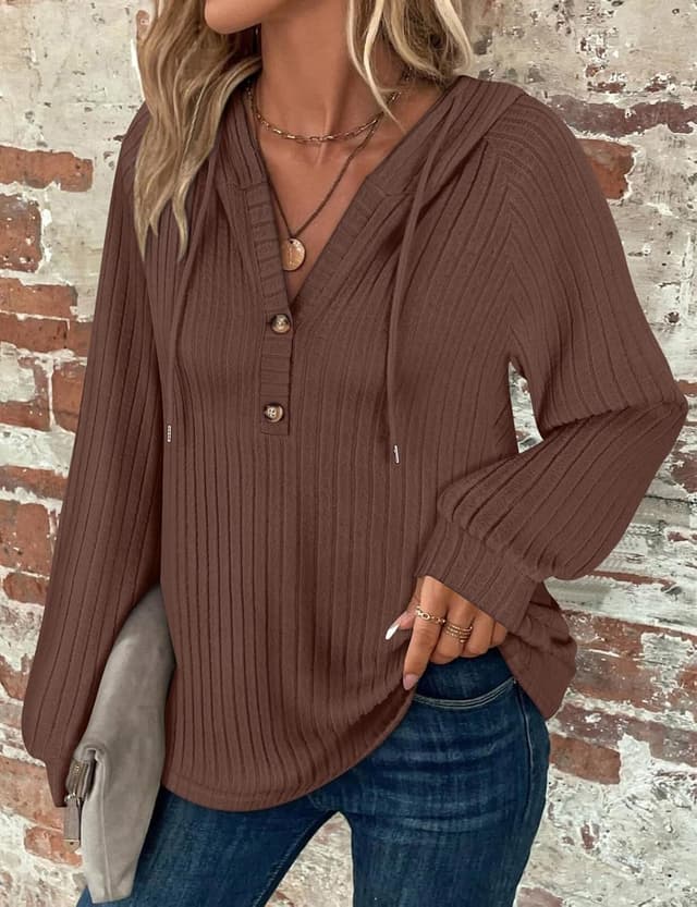 Detalle de Syphiby women’s long sleeve hooded tunic jumper with drawstring, V-neck & button front