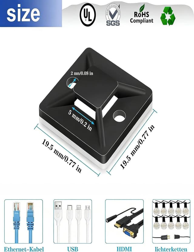 Detalle 2 de KLJ Klebesockel für Kabelbinder (Schwarz) – 100er Pack, 20 x 20 mm