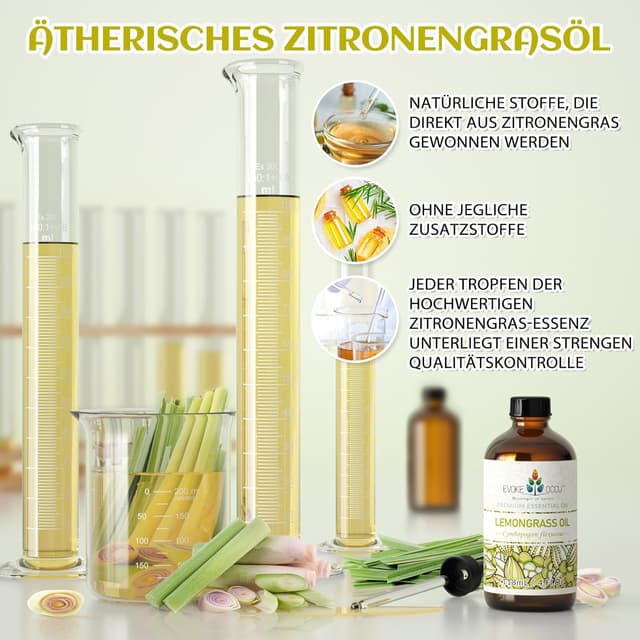 Detalle de EVOKE OCCU Zitronengras ätherisches Öl (Cymbopogon flexuosus) 118 ml – pur fürs Diffusor, Massage & Co.