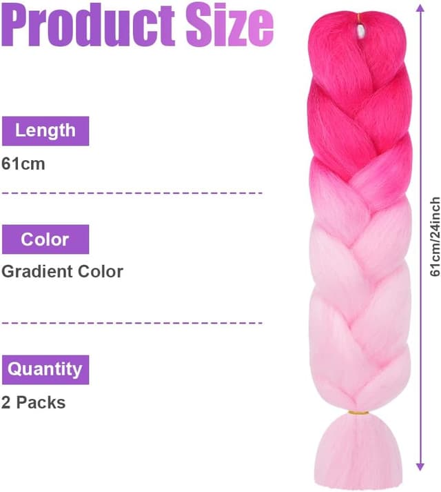 Detalle de Aoimg rajout cheveux en tresse Jumbo 2 pièces, 65 cm (fibre synthétique) pour crochet/twist – dégradé rose