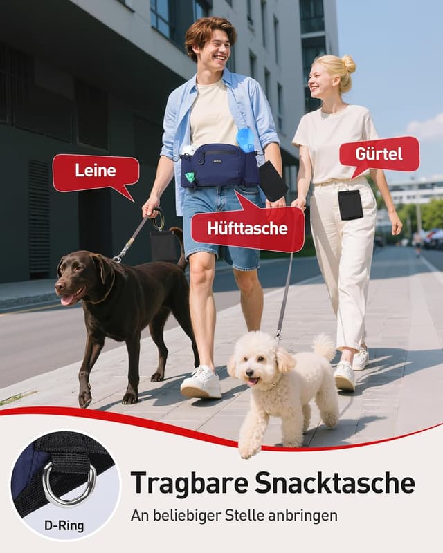 Detalle de AGPTEK Bauchtasche für Hunde mit Leckerli-Tasche, Kotbeutel-Spender und ausziehbaren Flaschenhaltern – Blau