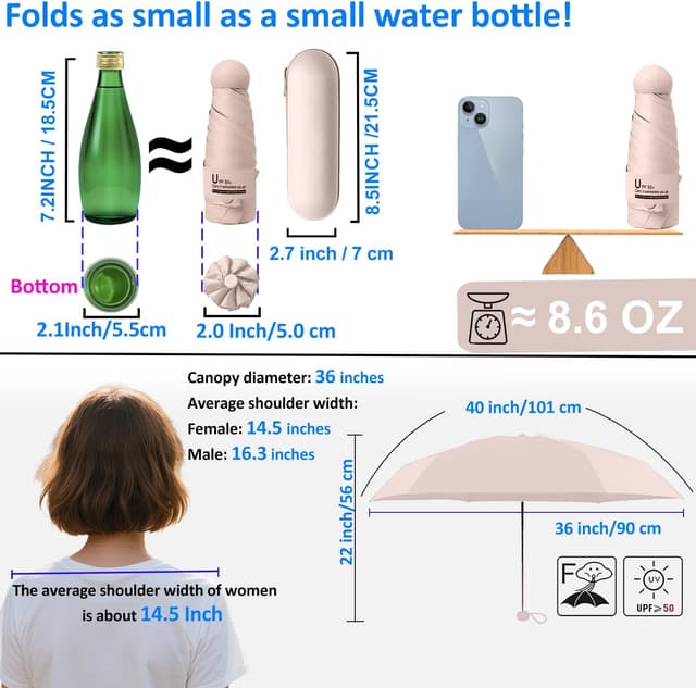 Detalle de BAODINI Travel Mini Umbrella for Purse with Case (UPF 50+ UV Protection) – small compact pocket umbrella