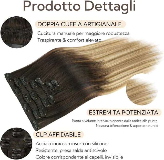 Detalle de HOTBANANA Extension Capelli Veri Clip Remy 45 cm 7 pz Castano scuro e biondo sporco evidenziato