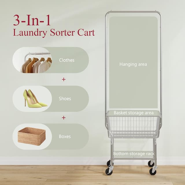 Detalle de Tajsoon Laundry Cart with Clothes Rack (Chrome) – mobile laundry hamper with hanging rail and lockable wheels