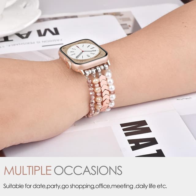 Detalle de V.R.HOPE Perlen-Armband für Apple Watch (44/45/46/49 mm) – Damen Schmuckband Rose/Weiß-Klein