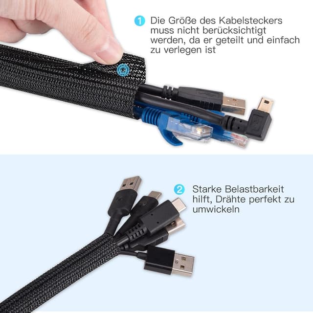 Detalle de AGPTEK Kabelschlauch 13 mm – 7,6 m, selbstschließend für Kabelmanagement am Schreibtisch