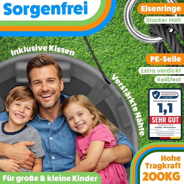 Detalle 2 de ELONEO Nestschaukel Outdoor & Indoor (Ø 90 cm) – höhenverstellbare Tellerschaukel bis 200 kg mit Kissen & Zubehör-Set